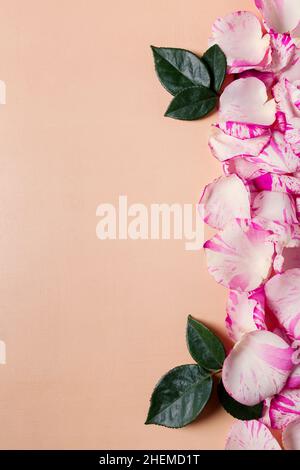 Holiday border frame made from light pink rose petals on a side of a pastel background, Valentine`s or Wedding day greeting card Stock Photo
